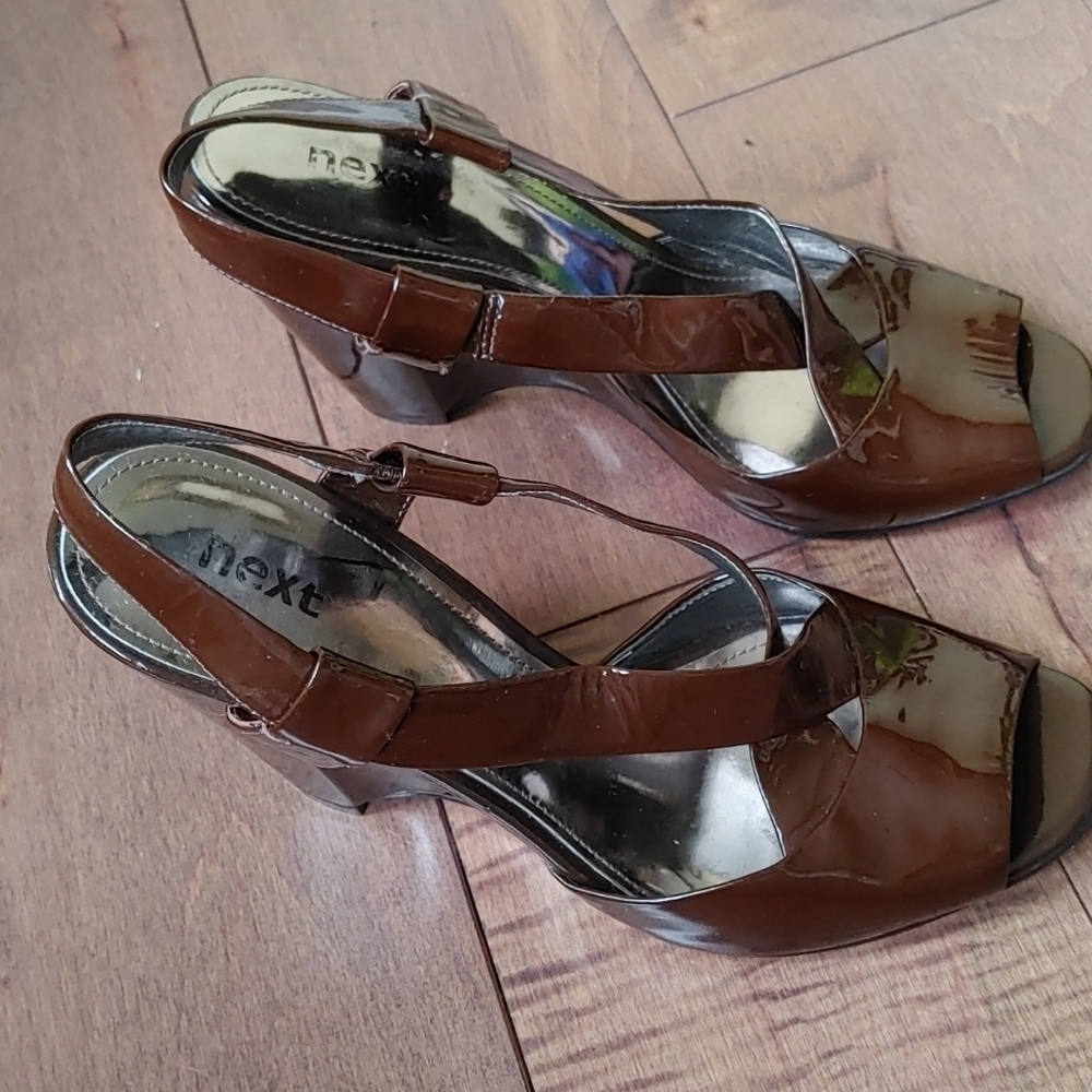 Next women brown patent Wedge strappy Sandals 7